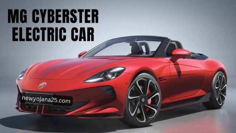 MG Cyberster electric car sports – futuristic design with sleek LED headlights, scissor doors, and aerodynamic body, captured in a dynamic cityscape background